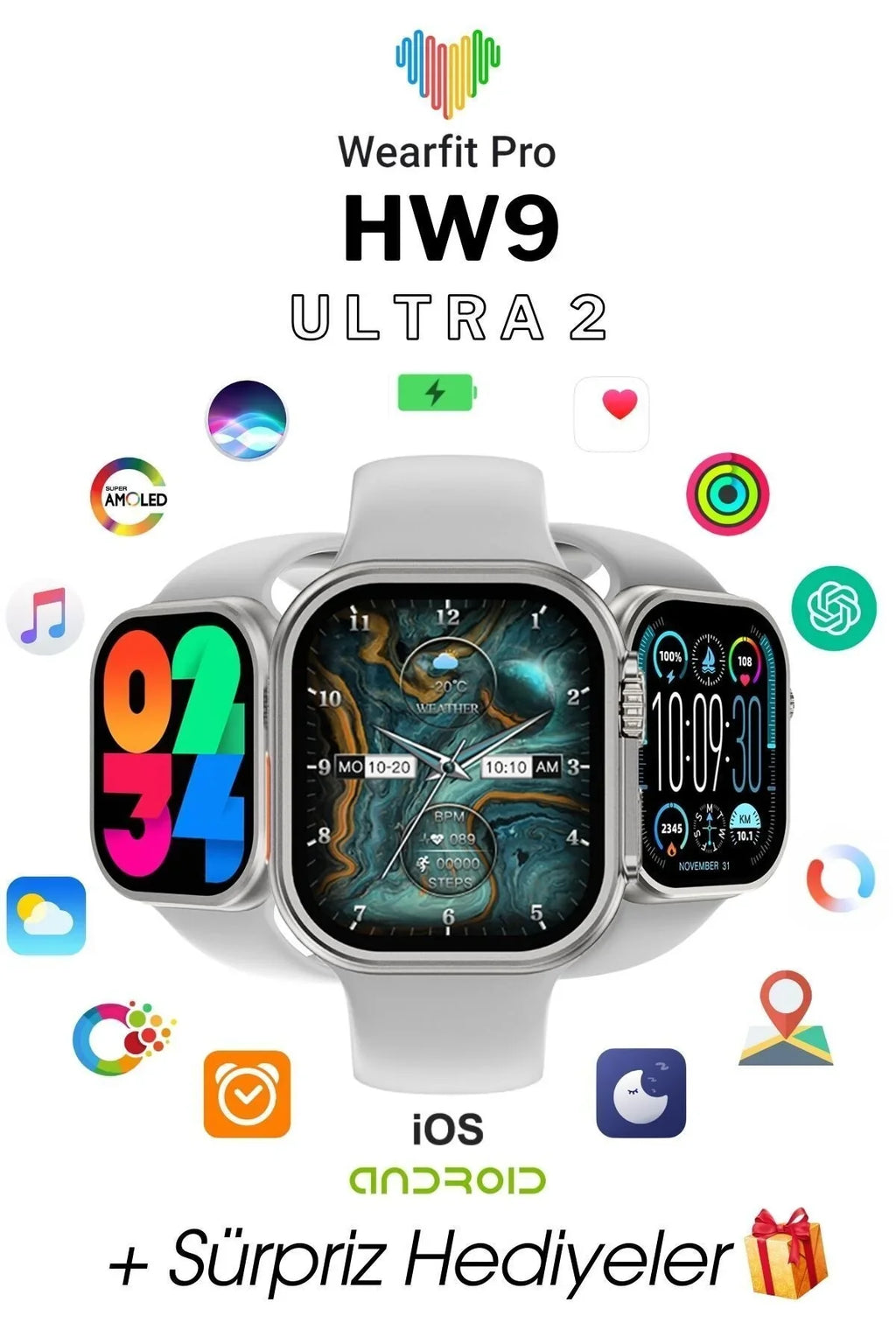 Hw9 ultra2 49mm amoled ekranlı 3 kordonlu ios android uyumlu akıllı saat - A2Z